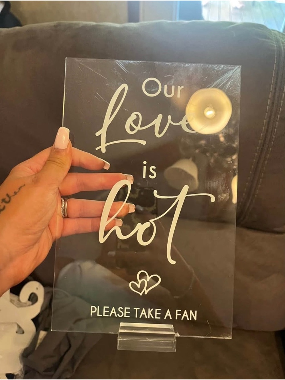 Clear Acrylic "Our Love Is Hot" Wedding Fan Sign - White Lettering